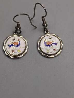Vintage Southwest Style Enamel Bird Earrings Silver Tone Round Half Inch Dangle